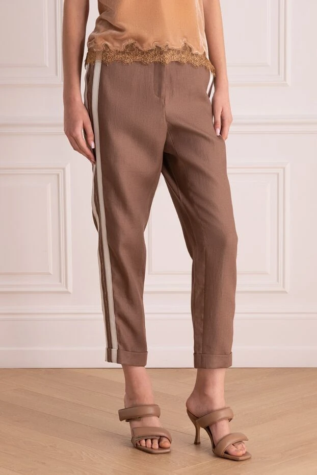 Peserico әйелдерге арналған коричневый түсті кендір шалбар ақ лампасымен 157555 - фото 3