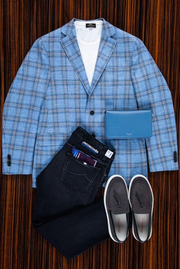 Lubiam light blue jacket with soft texture and contrast check in wool silk and linen 157875 - photo 2
