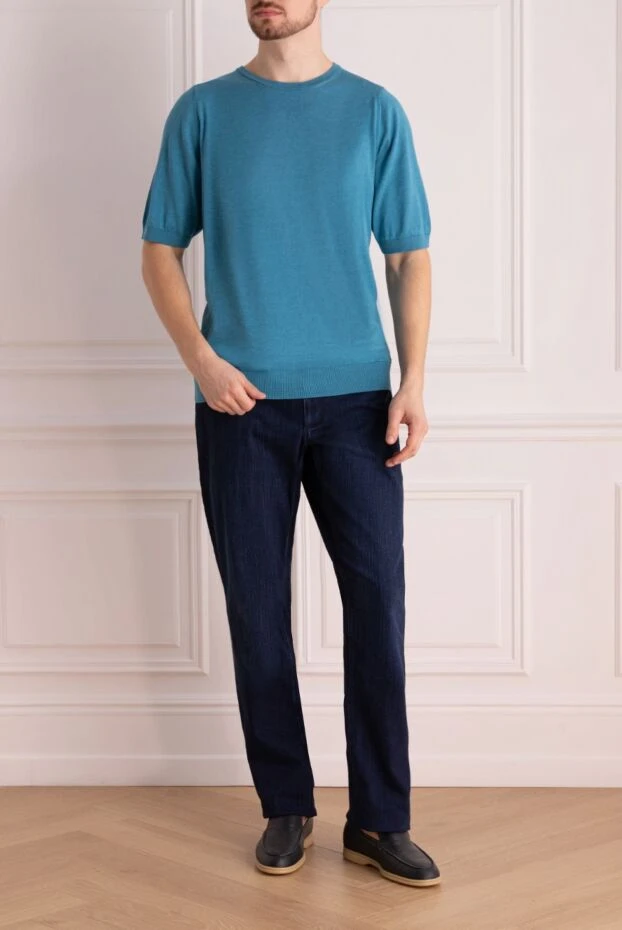 Cesare di Napoli man short sleeve jumper in silk and cotton blue for men купить с ценами и фото 158056 - photo 2