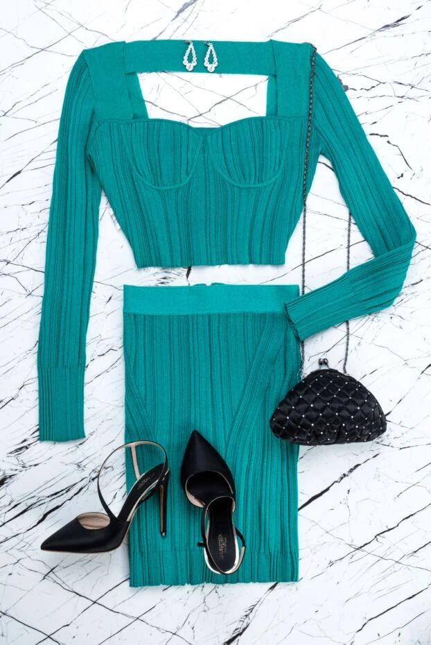 Herve Leger полиамид пен вискозадан жасалған юбкасымен жасыл түсті әйелдер костюмі 158580 - фото 2