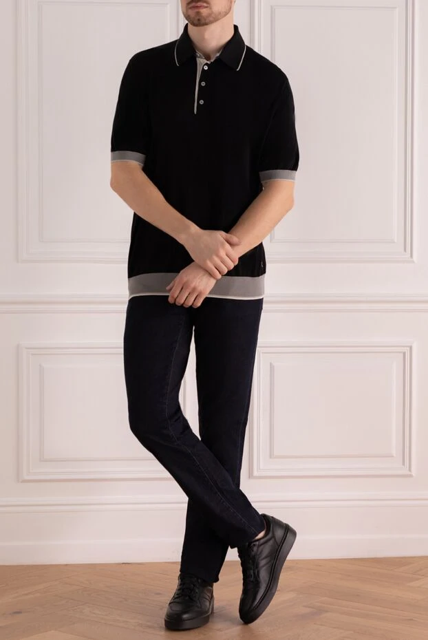 Deep black silk polo shirt with contrast collar trim
 - photo 2