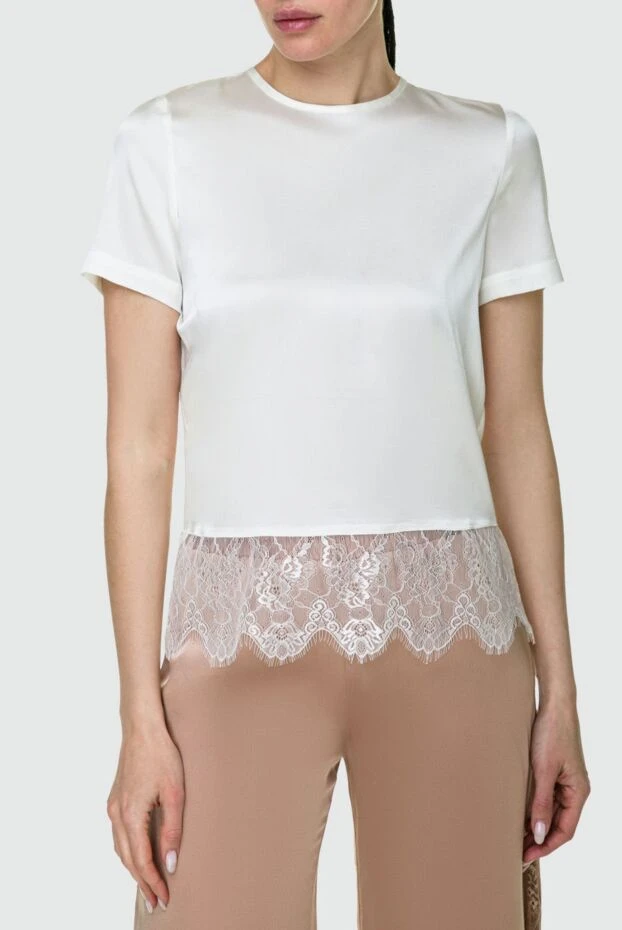 Max&Moi блуза белая из шелка с круглым вырезом и кружевной отделкой 158869 - фото 3