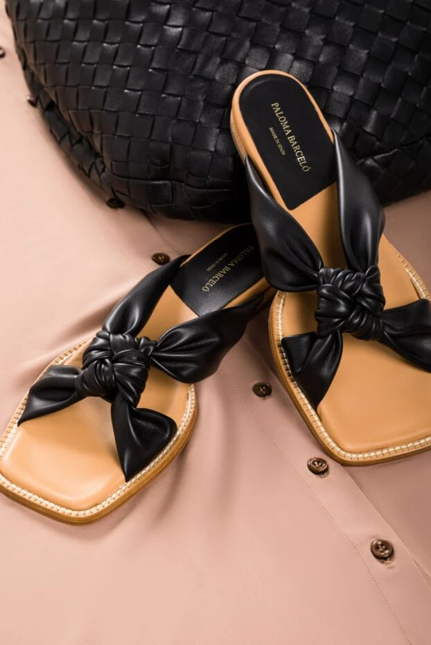 Women's leather slippers with interwoven straps, black - photo 2