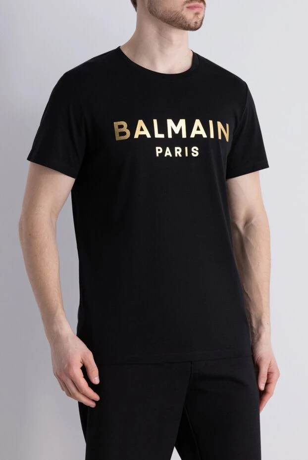 Balmain хлопковая черная футболка с металлизированным логотипом в оттенке золота 195700 - фото 3