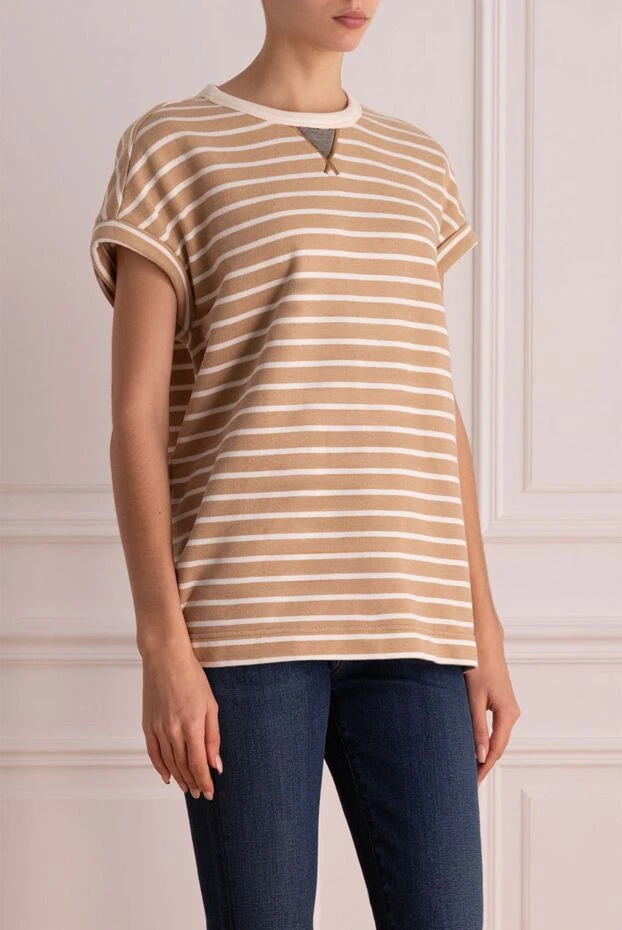 Brunello Cucinelli әйелдерге арналған бежевый жолақты мақтадан жасалған футболка 159870 - фото 3