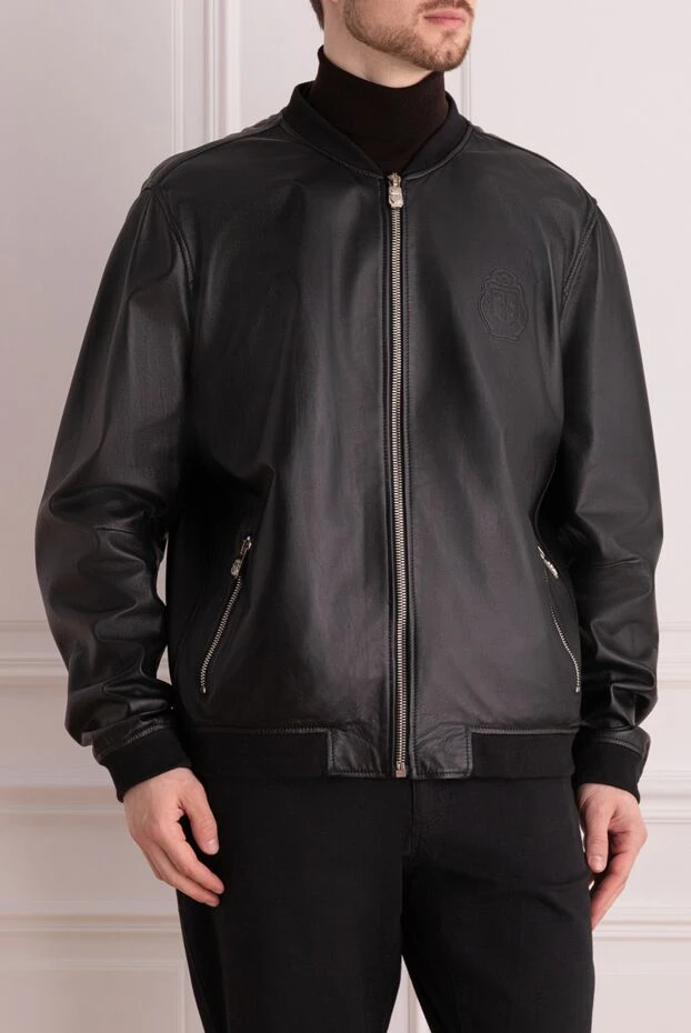 Billionaire куртка-бомбер кожаная черная с нашивкой-логотипом мужская 159993 - фото 3