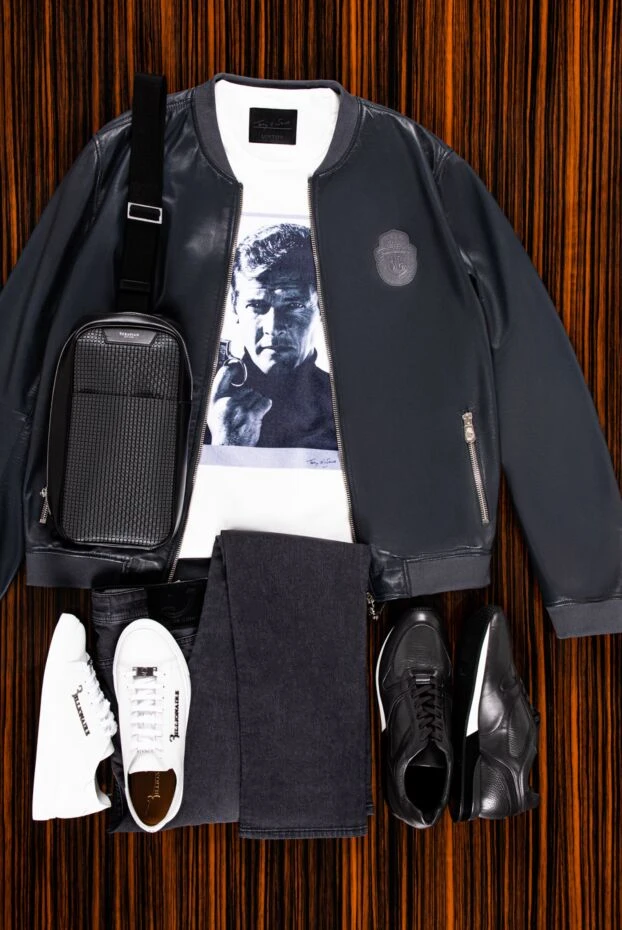 Billionaire куртка-бомбер кожаная темно-серая с нашивкой-логотипом мужская 159998 - фото 2