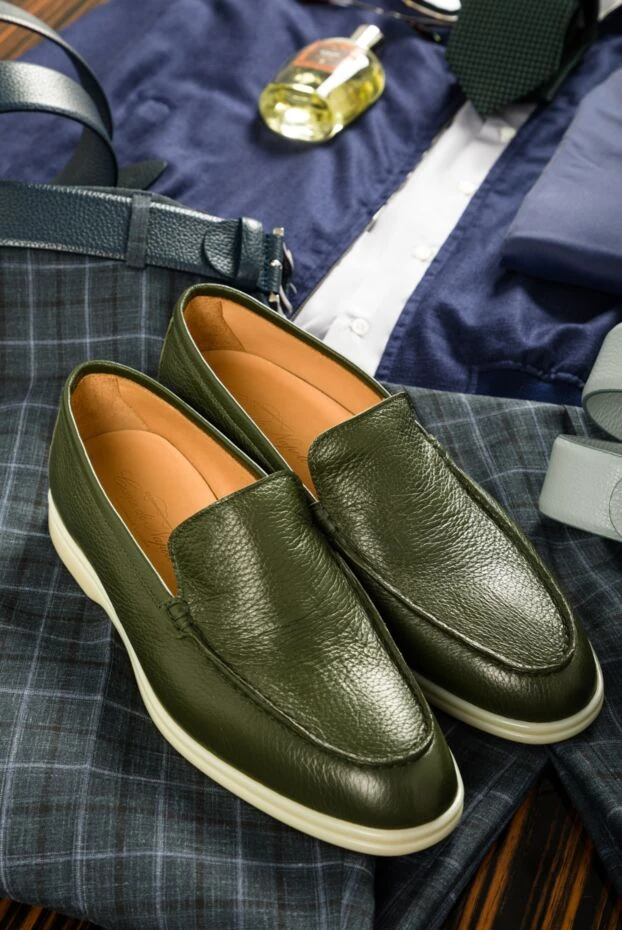 Лоферы из фактурной кожи темно-зеленые мужские - фото 2