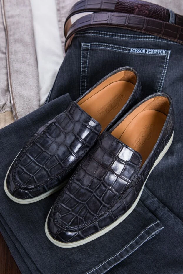 Cesare di Napoli лоферы из кожи крокодила темно-серые глянцевые мужские 160164 - фото 2