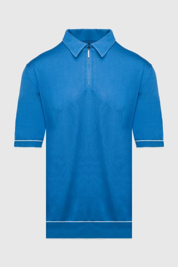 Трикотажное поло синего цвета на молнии с контрастной отделкой - фото 1