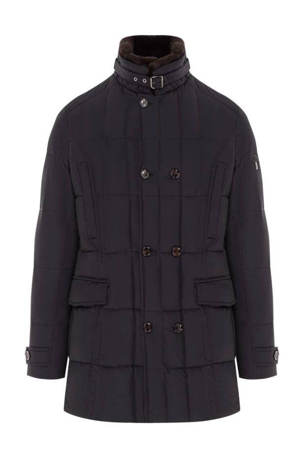 Men's blue double-breasted down jacket with a high collar and fur lining
- photo 1