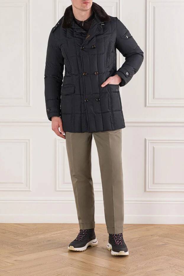 Men's blue double-breasted down jacket with a high collar and fur lining
 - photo 2