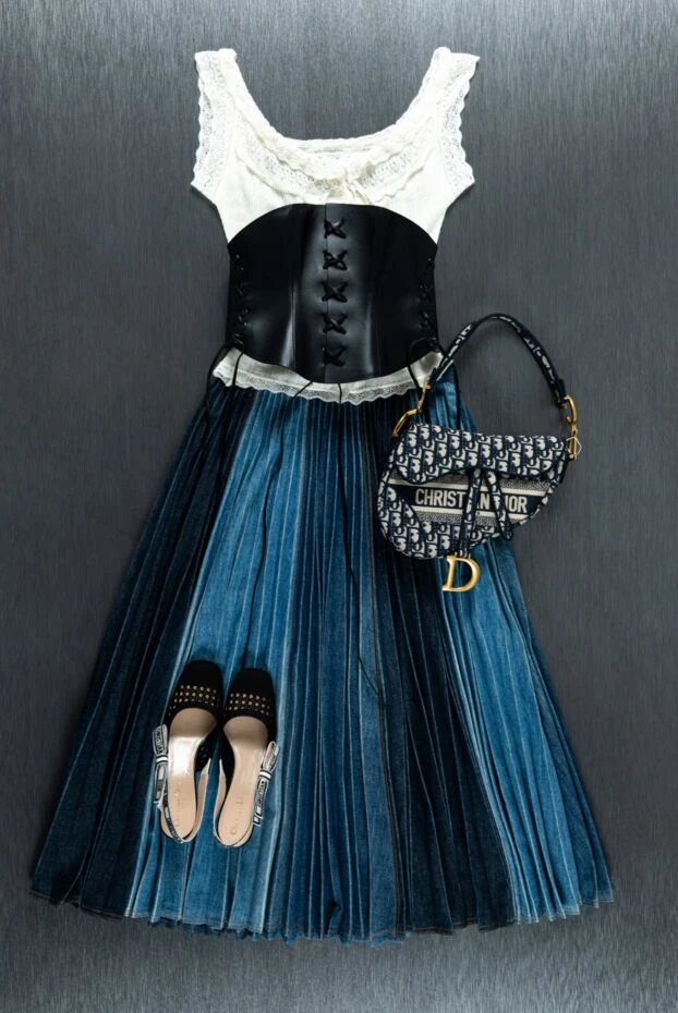 Dior двухцветная плиссированная джинсовая юбка миди 160783 - фото 2