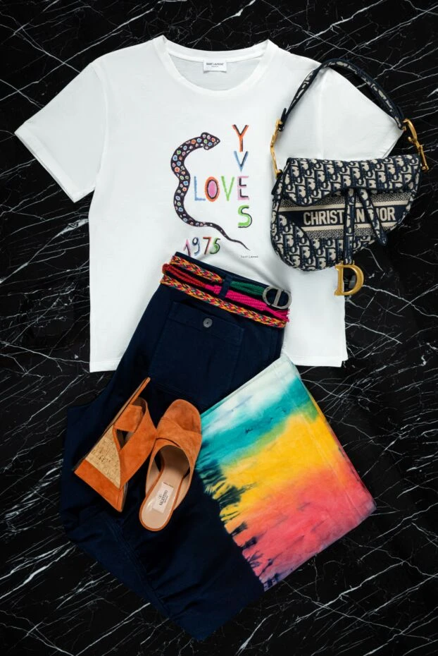 Saint Laurent сурет принті бар ақ мақтадан жасалған әйелдер футболкасы 160812 - фото 2