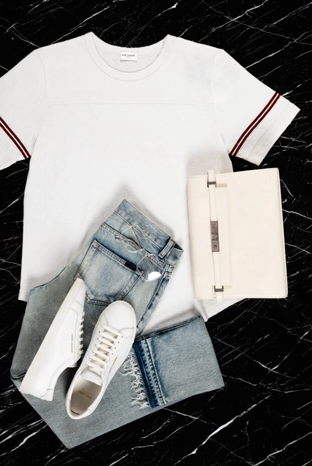 Saint Laurent ламе ленталары бар ақ мақтадан жасалған әйелдер футболкасы 160816 - фото 2