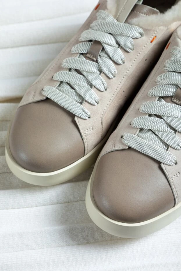 Santoni кеды женские замшевые с мехом и контрастными вставками бежевые 160876 - фото 3