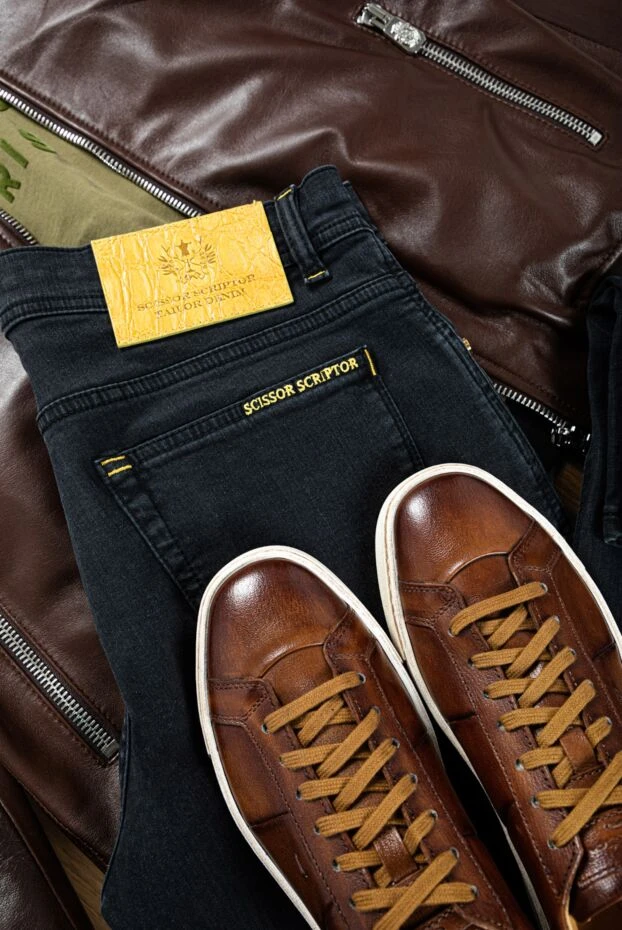 Scissor Scriptor мақта белдіктегі контрастты былғары жамылғысы бар ерлер көк джинсы 160914 - фото 2