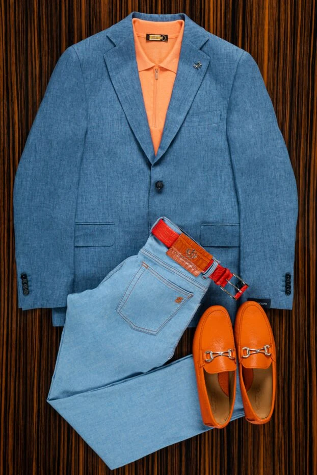 Scissor Scriptor джинсы мужские голубые с контрастной оранжевой фурнитурой и отделкой 160919 - фото 2