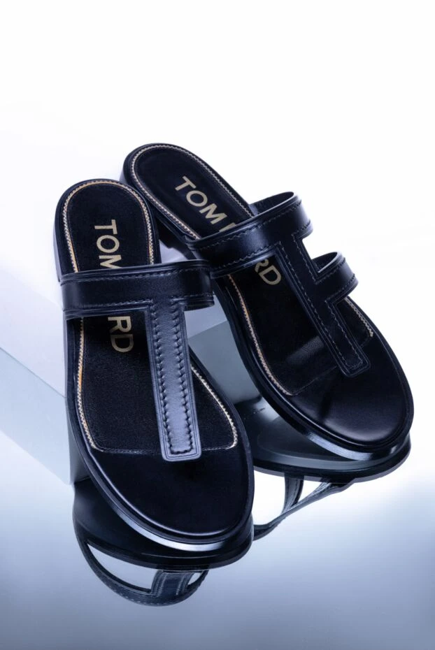 Tom Ford жіппен өңделген қара былғары әйелдерге арналған вьетнамкалар. 161262 - фото 3