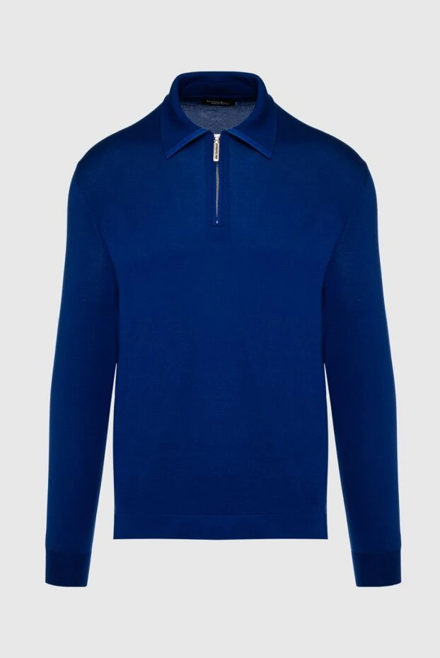 Мужское синее поло с длинным рукавом из шерсти с вставкой кожи крокодила - фото 1