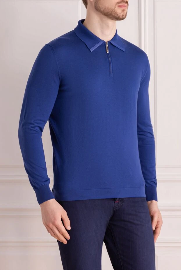 Stefano Ricci мужское синее поло с длинным рукавом из шерсти с вставкой кожи крокодила 161377 - фото 3