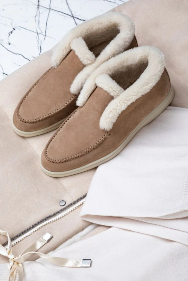 Loro Piana классикалық стильдегі беж түсті нубуктан және хутрдан жасалған әйелдердің лоферлері 162047 - фото 3