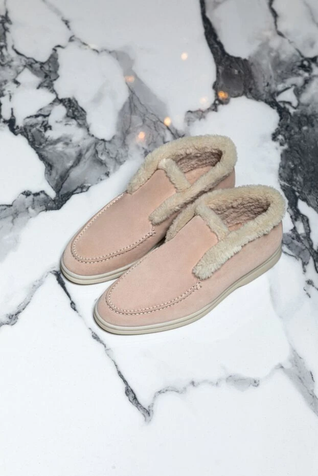 Нубуктан және хутрдан жасалған беж түсті әйелдердің лоферлері - фото 2