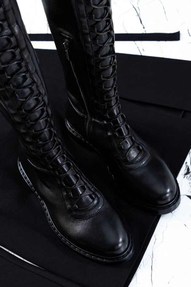 Thigh-high boots women's leather high with lacing black - photo 2