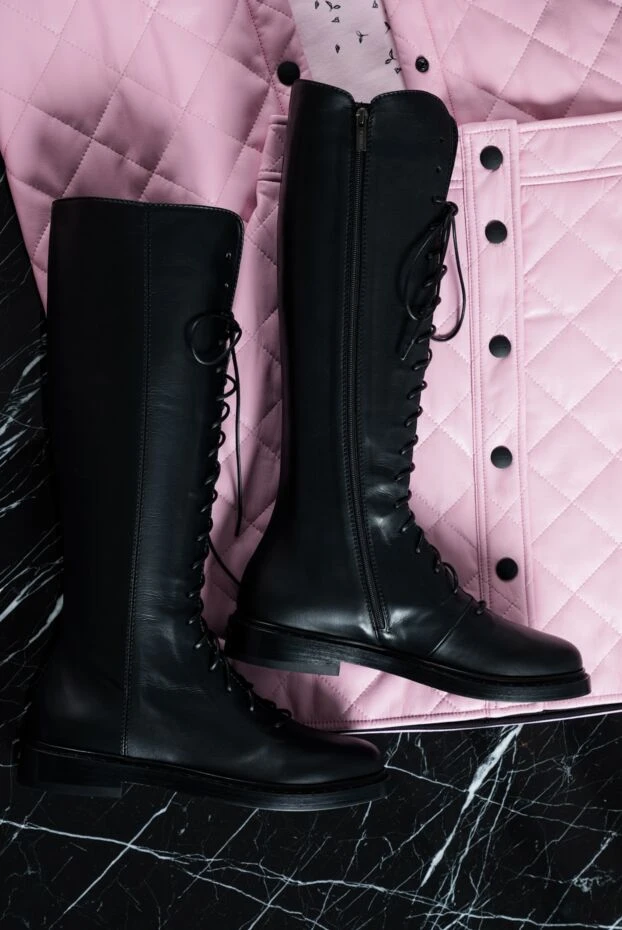 Boots women's leather high with lacing black - photo 2