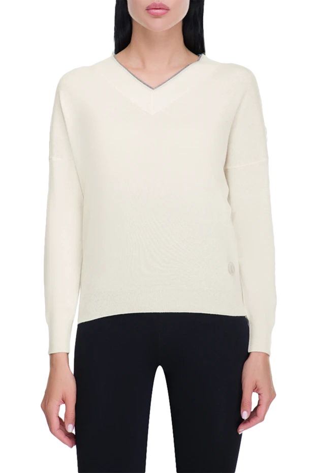 Tonet джемпер белый женский с контрастной полосой вдоль v-образного выреза 162346 - фото 2