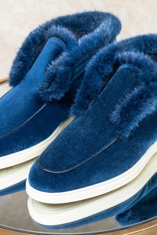 Santoni лоферы женские из велюра и меха синие 162379 - фото 2