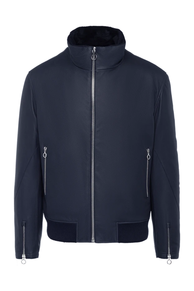 Men's blue leather bomber jacket with fur lining - photo 1
