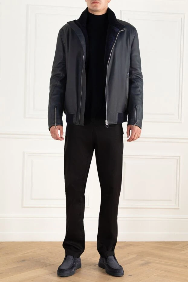 Men's blue leather bomber jacket with fur lining - photo 2
