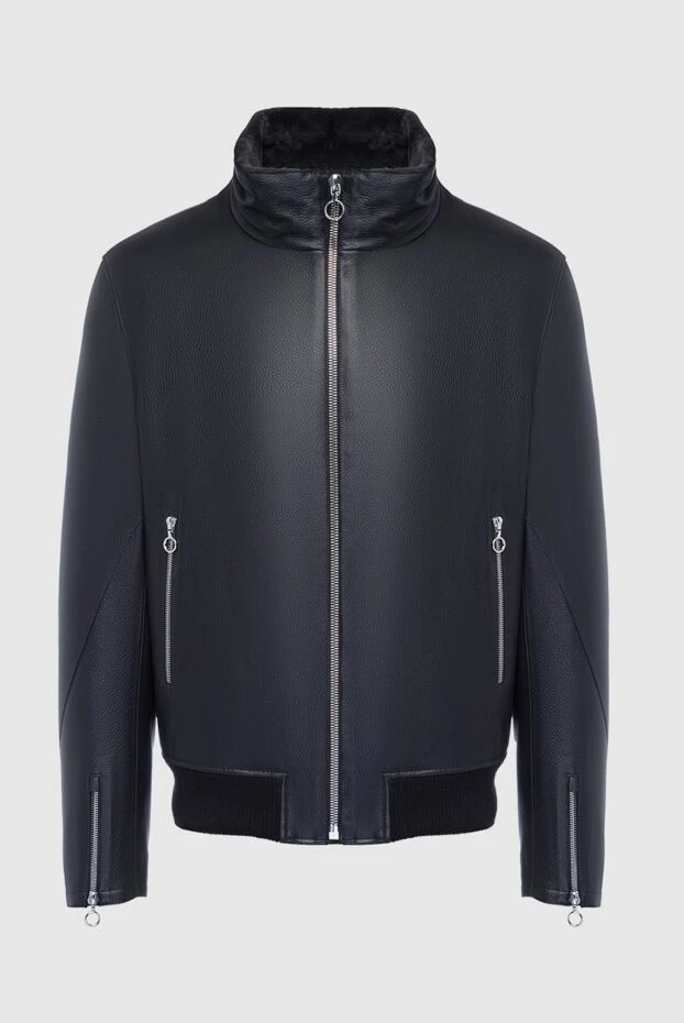 Куртка-бомбер черная кожаная на меху мужская - фото 1