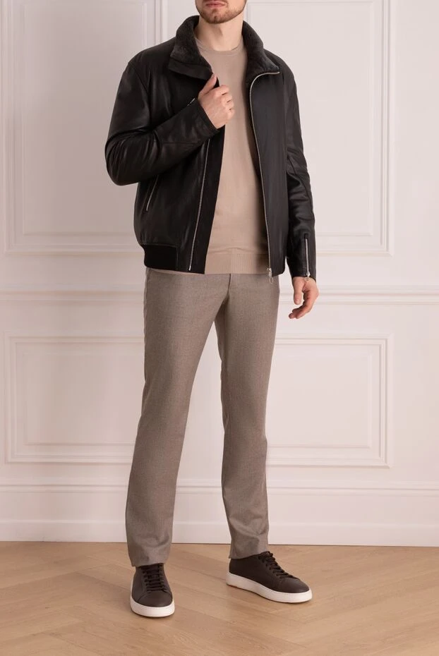 Куртка-бомбер черная кожаная на меху мужская - фото 2