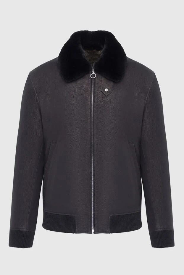 Men's black leather bomber jacket with a fold-down fur collar - photo 1
