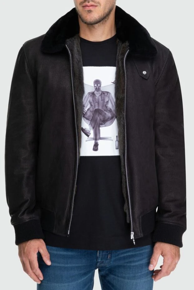 Seraphin men's black leather bomber jacket with a fold-down fur collar 162458 - photo 3