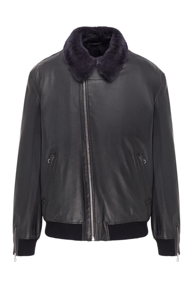 Куртка-бомбер синяя кожаная на меху с отложным воротником мужская - фото 1