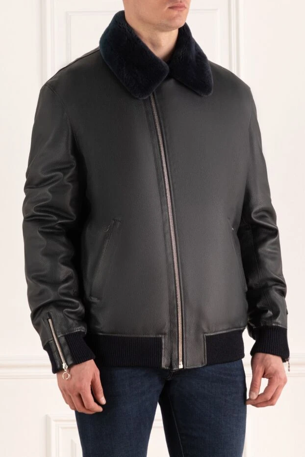 Seraphin men's blue leather bomber jacket with a fold-down fur collar 162463 - photo 3