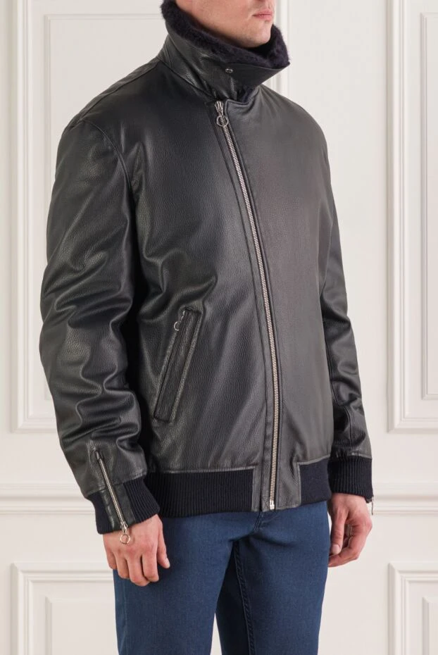 Seraphin men's blue leather bomber jacket with a fold-down fur collar 162463 - photo 3