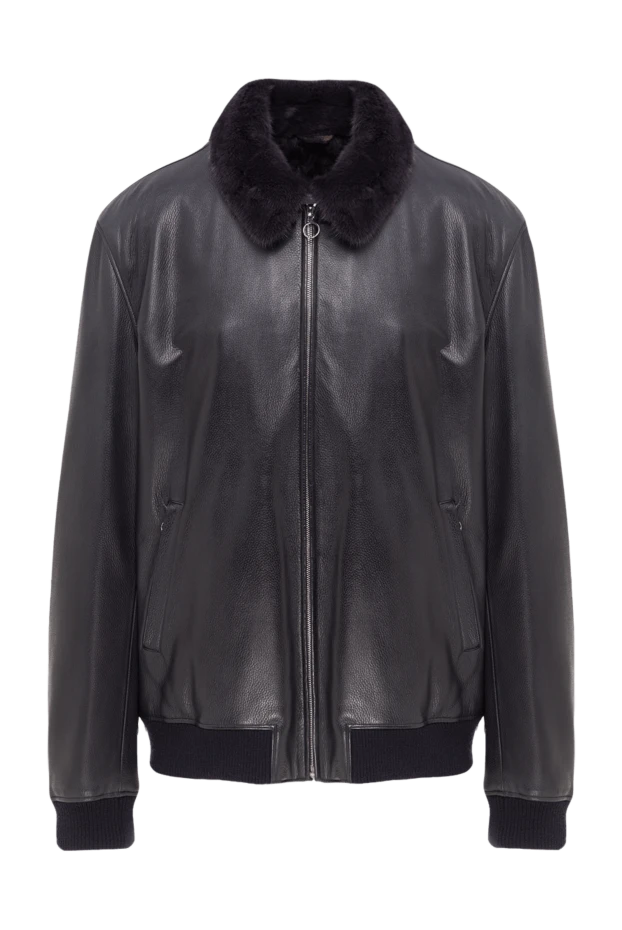 Men's blue leather jacket with fur lining and a fold-down collar - photo 1