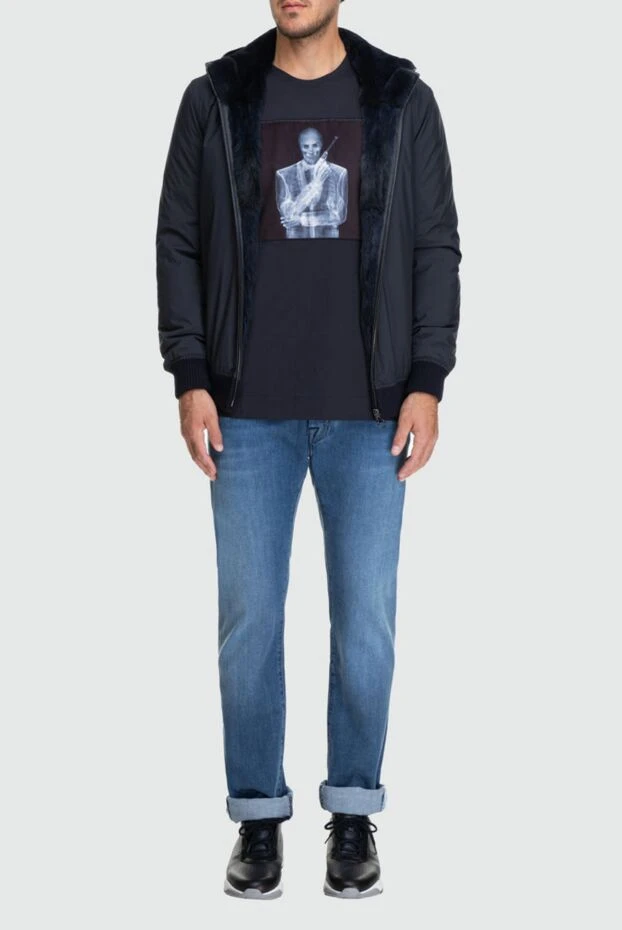 Men's blue bomber jacket with a fur-lined hood - photo 2