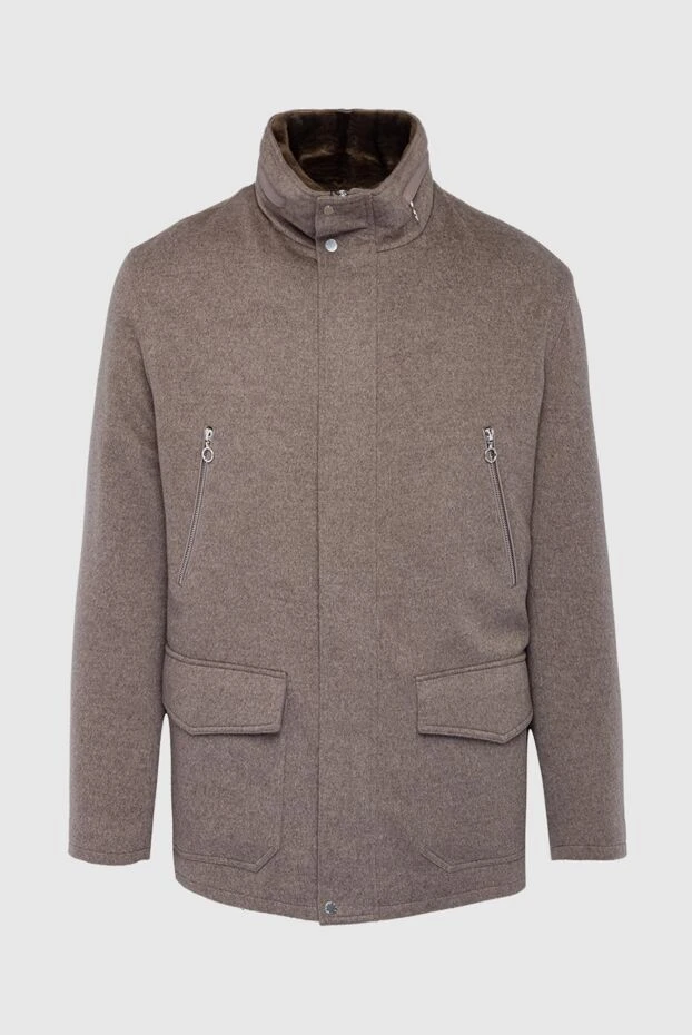 Ерлерге арналған қақпақты қалталары бар аң терісімен қапталған ұзартылған бежевый кашемир күртеше - фото 1