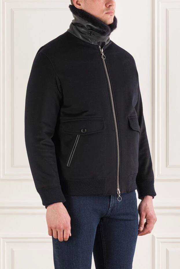 Seraphin men's blue bomber jacket with a fold-down fur collar and leather inserts 162484 - photo 3