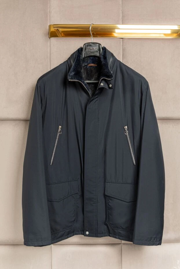 Men's blue extended jacket insulated with fur and flap pockets - photo 2