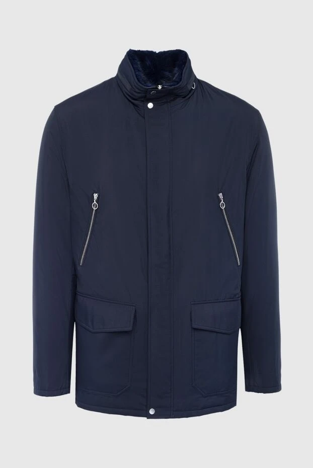 Men's blue extended jacket insulated with fur and flap pockets - photo 1