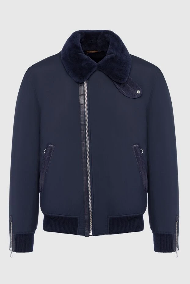 Men's blue aviator jacket with fur lining and crocodile leather inserts - photo 1