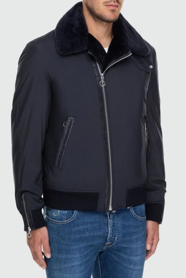 Seraphin men's blue aviator jacket with fur lining and crocodile leather inserts 162488 - photo 3