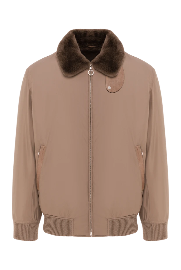 Куртка-бомбер синяя с высоким меховым воротником и кожаной вставкой мужская - фото 1