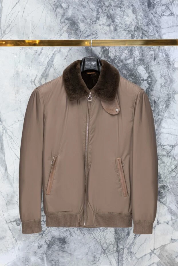 Куртка-бомбер синяя с высоким меховым воротником и кожаной вставкой мужская - фото 2